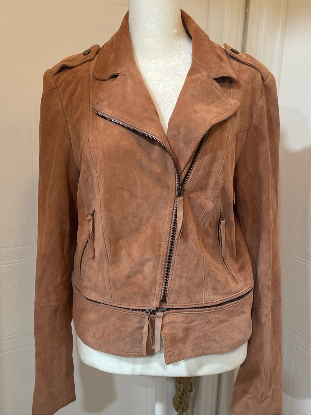 White & Black Tan Genuine Leather Tan Biker Jacket - Women Size M
